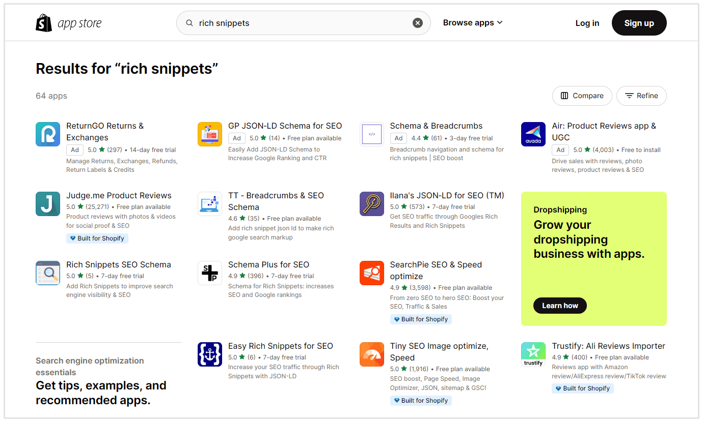 marketplace dell'app di frammenti ricchi di Shopify
